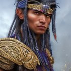 Male warrior digital artwork: blue braided hair, gold armor, feline headband, cloudy sky