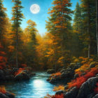 Tranquil autumn forest with river under moonlit sky