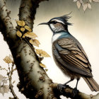 Illustrated bird on branch with delicate leaves and flowers in misty setting