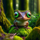 Colorful animated frog with expressive green eyes in lush forest.