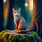 Colorful Patterned Cat Resting on Mossy Stump in Sunlit Forest