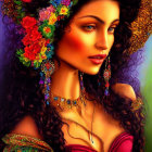 Colorful digital painting of a woman in floral headdress and elegant attire.