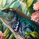 Detailed iguana illustration in vibrant green and blue hues among flowers