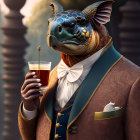 Reptilian creature in suit with drink and cane in foggy forest ruins