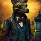 Vintage Suit Anthropomorphic Wolf in Surreal Graveyard Setting