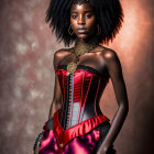 Woman in Red and Black Corset Dress with Voluminous Hair and Gold Jewelry