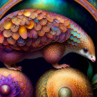 Colorful digital artwork: Pangolin with iridescent scales in fantasy setting