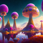 Fantasy landscape with towering mushroom structures by serene water.