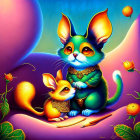 Colorful anthropomorphic cat and orange creature in whimsical setting