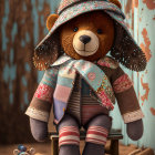 Patchwork Coat Teddy Bear on Stool with Toy Mouse and Spool on Blue Background