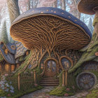 Enchanting forest scene with whimsical mushroom houses and mystical ambiance