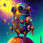 Whimsical robot illustration in vibrant space setting