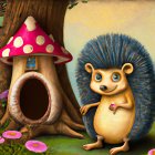 Illustration of hedgehog near mushroom-shaped tree house and flowers