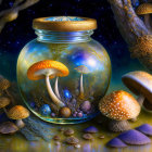 Fantastical glowing mushrooms in glass jar under starry night sky