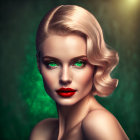 Vintage Glamorous Woman Portrait with Green Eyes and Red Lips on Dark Green Background