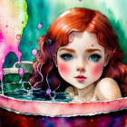 Colorful Illustration: Red-Haired Girl in Bubble Bath