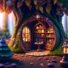 Cozy tree hollow with glowing door in magical forest