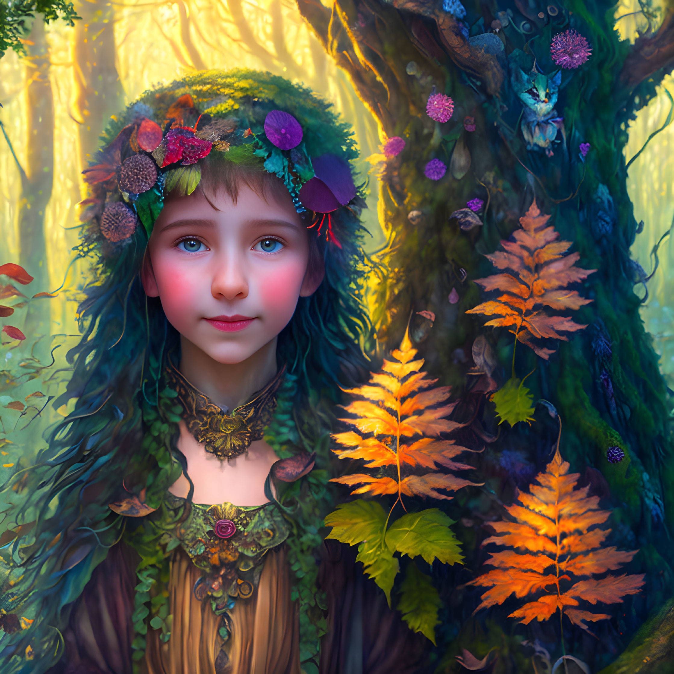 Green-haired girl with leafy headpiece in enchanted autumn forest.