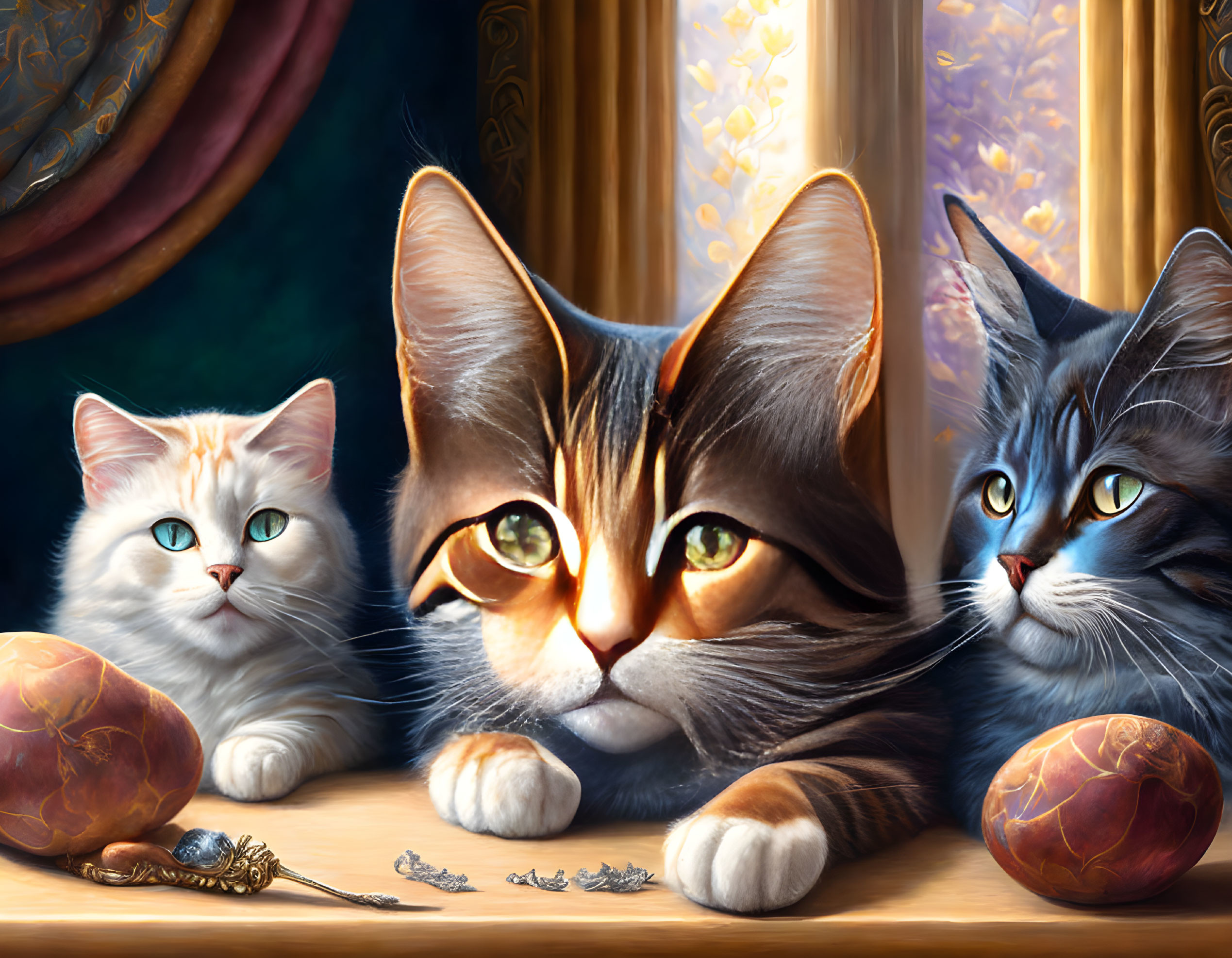 Realistic cats with vibrant eyes and ornate eggs by a window with sheer curtains