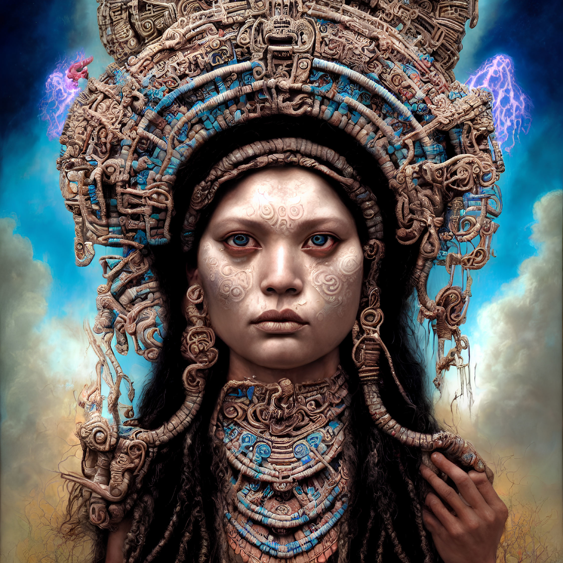 Intricate tribal headgear portrait against cloudy sky