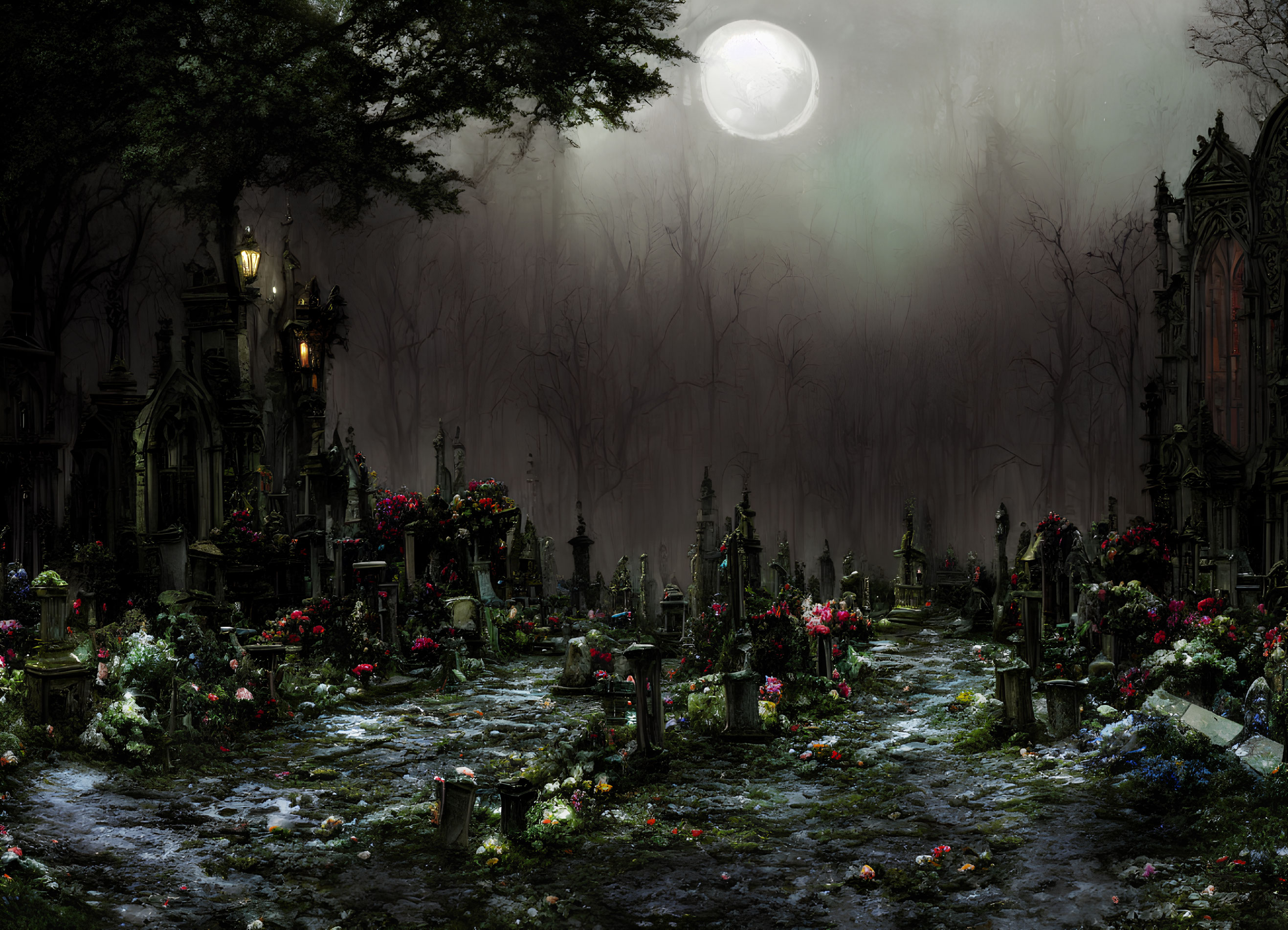 Moonlit Cemetery with Ornate Tombstones and Colorful Flowers