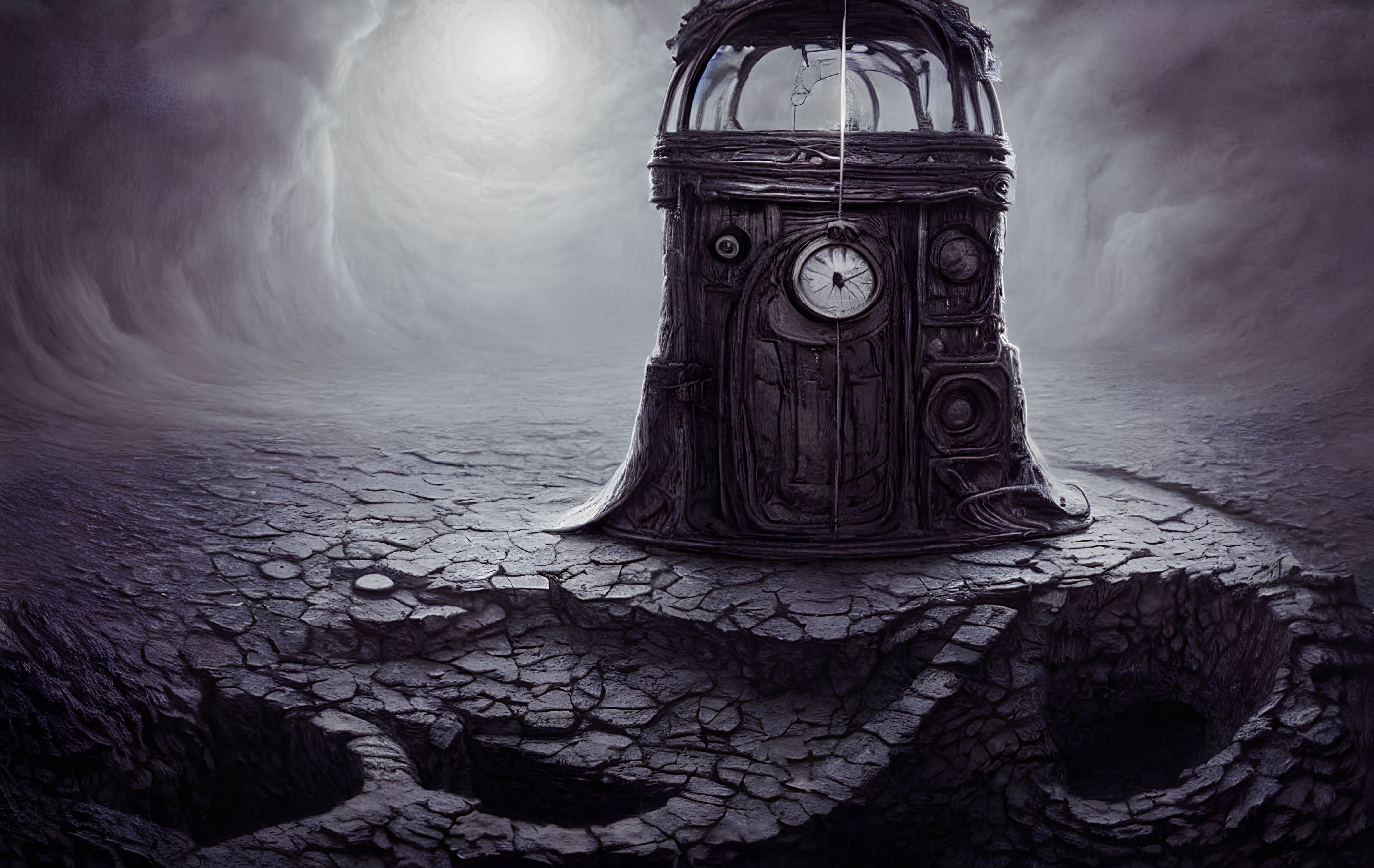 Surreal grayscale image of desolate landscape with cracked ground and antique clock tower under gloomy sky