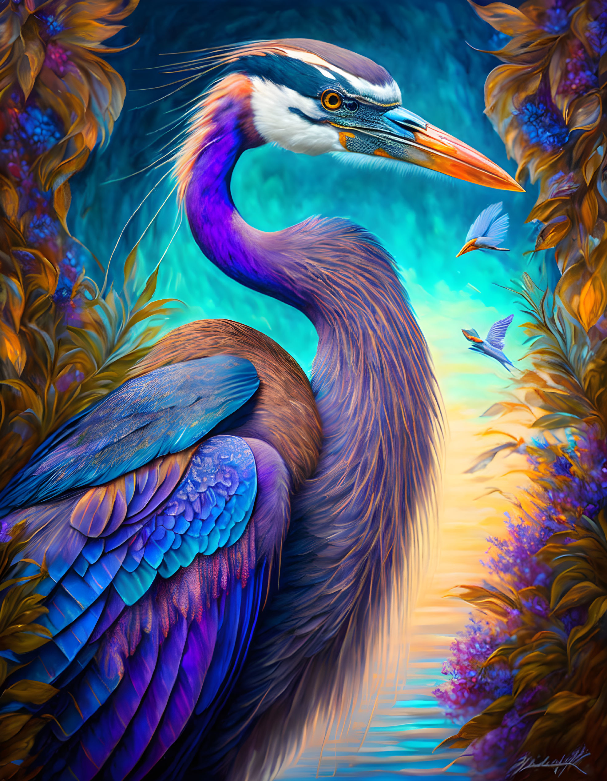 Colorful Heron Illustration with Intricate Feather Details and Fish in Vibrant Background