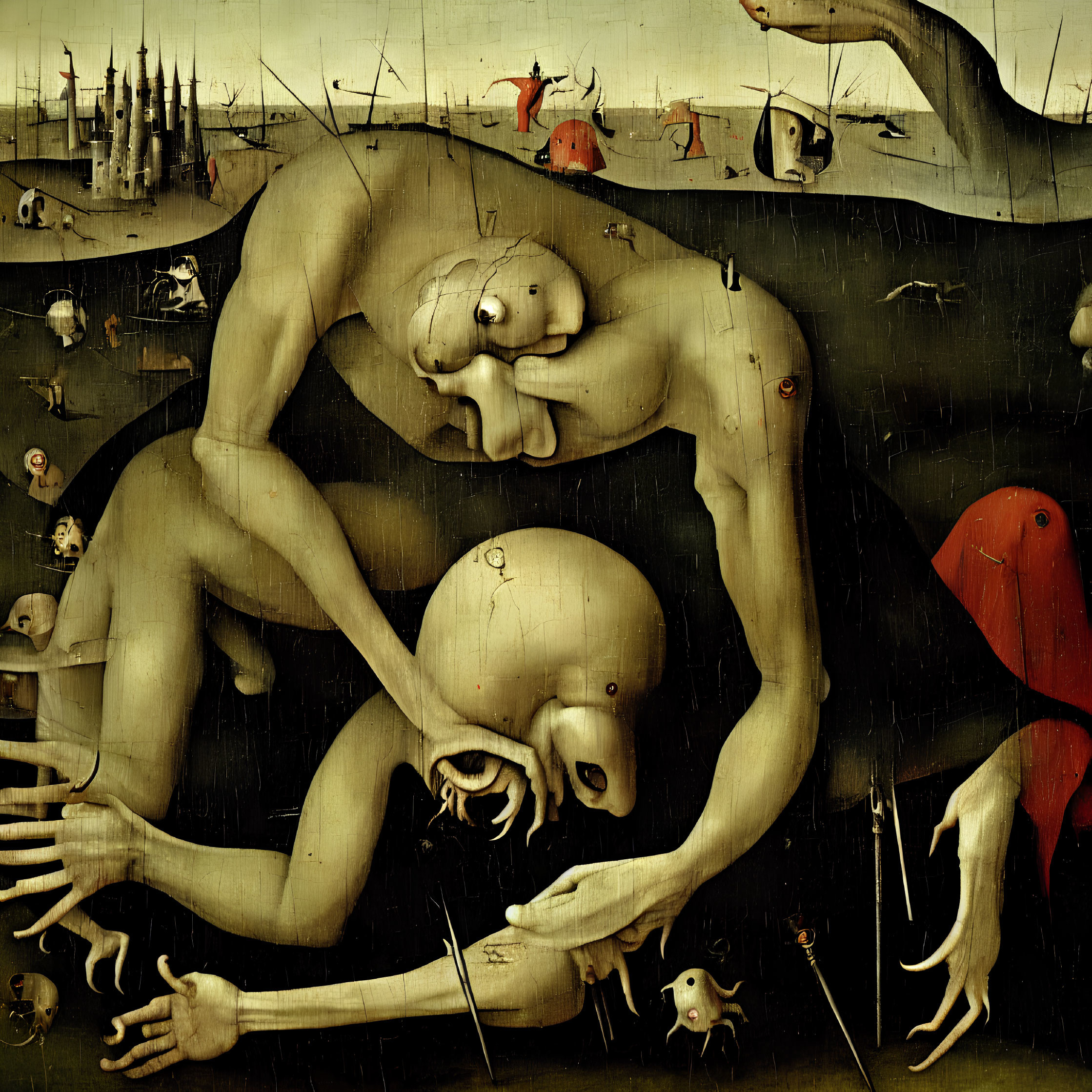 Surrealistic painting with oversized, contorted human figures & bizarre landscape.