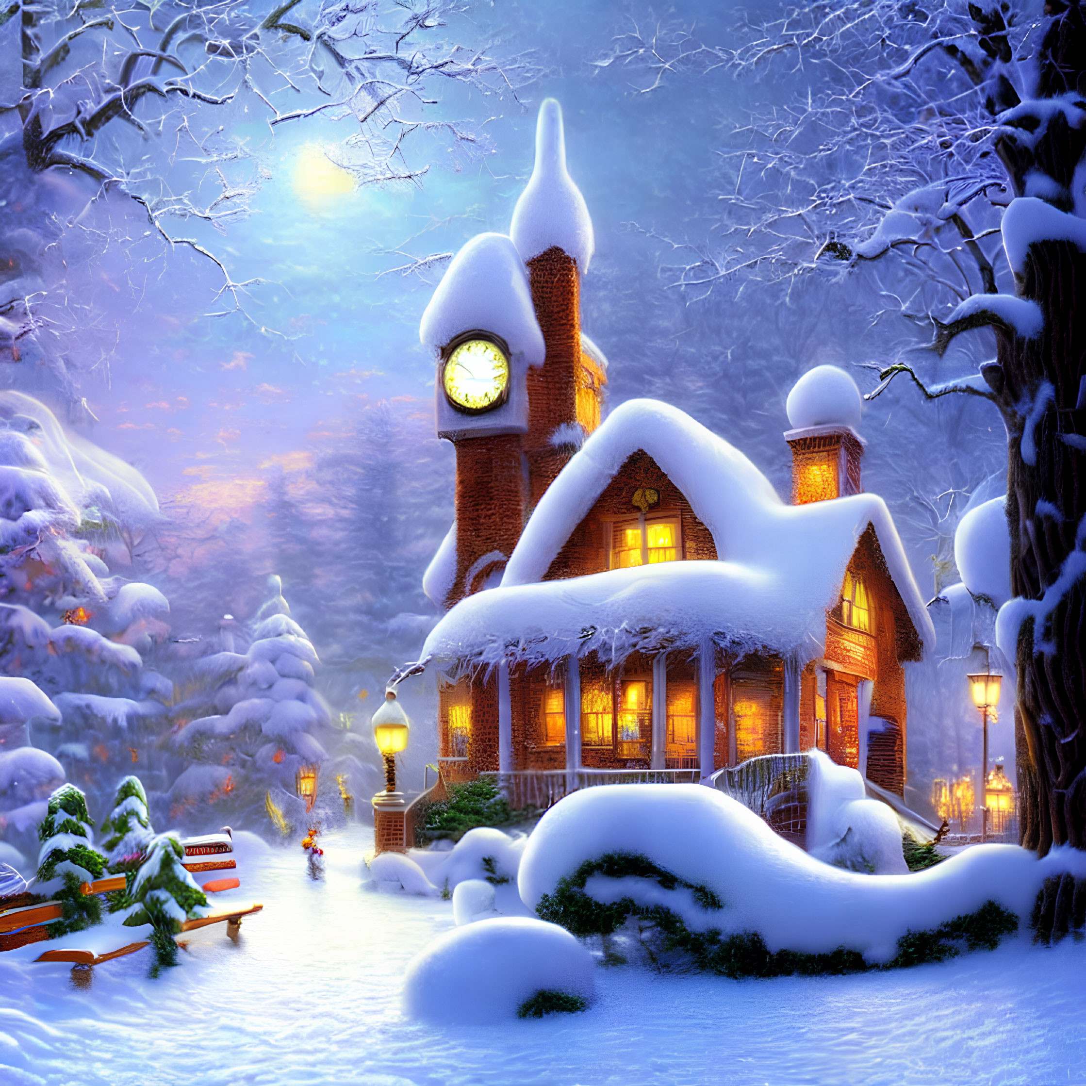 Snow-covered cottage and clock tower in serene winter landscape