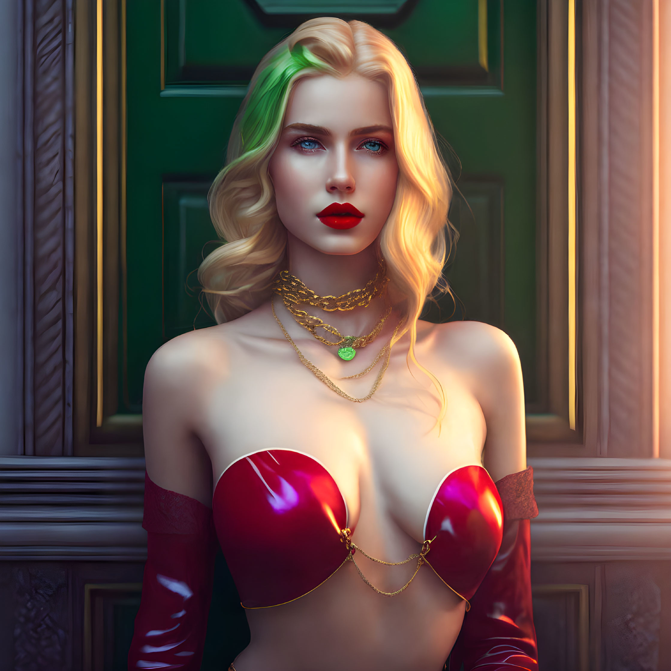 Digital artwork of a woman with green hair tips, blue eyes, red lipstick, red bustier,