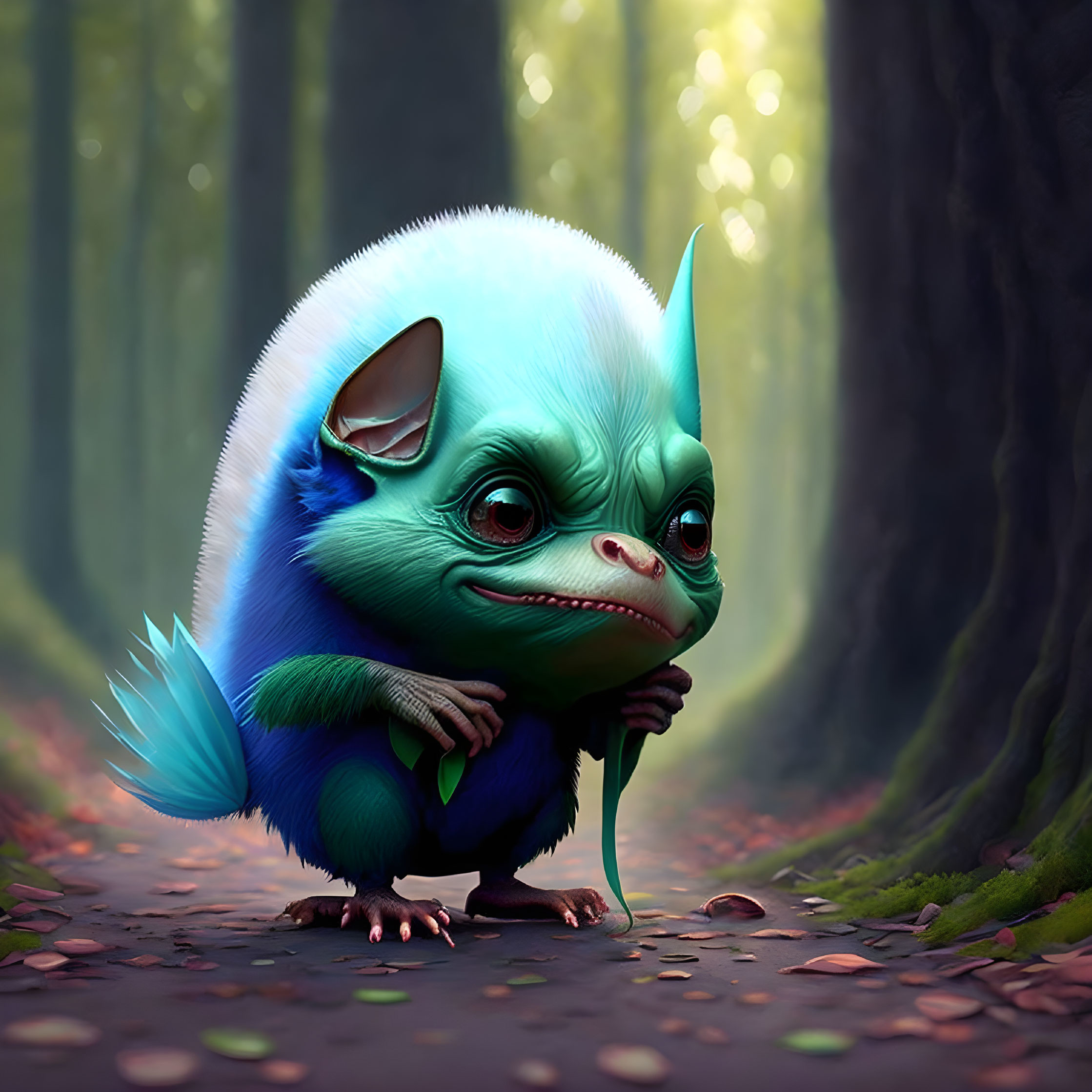 Blue-green creature with expressive eyes in forest holding stick