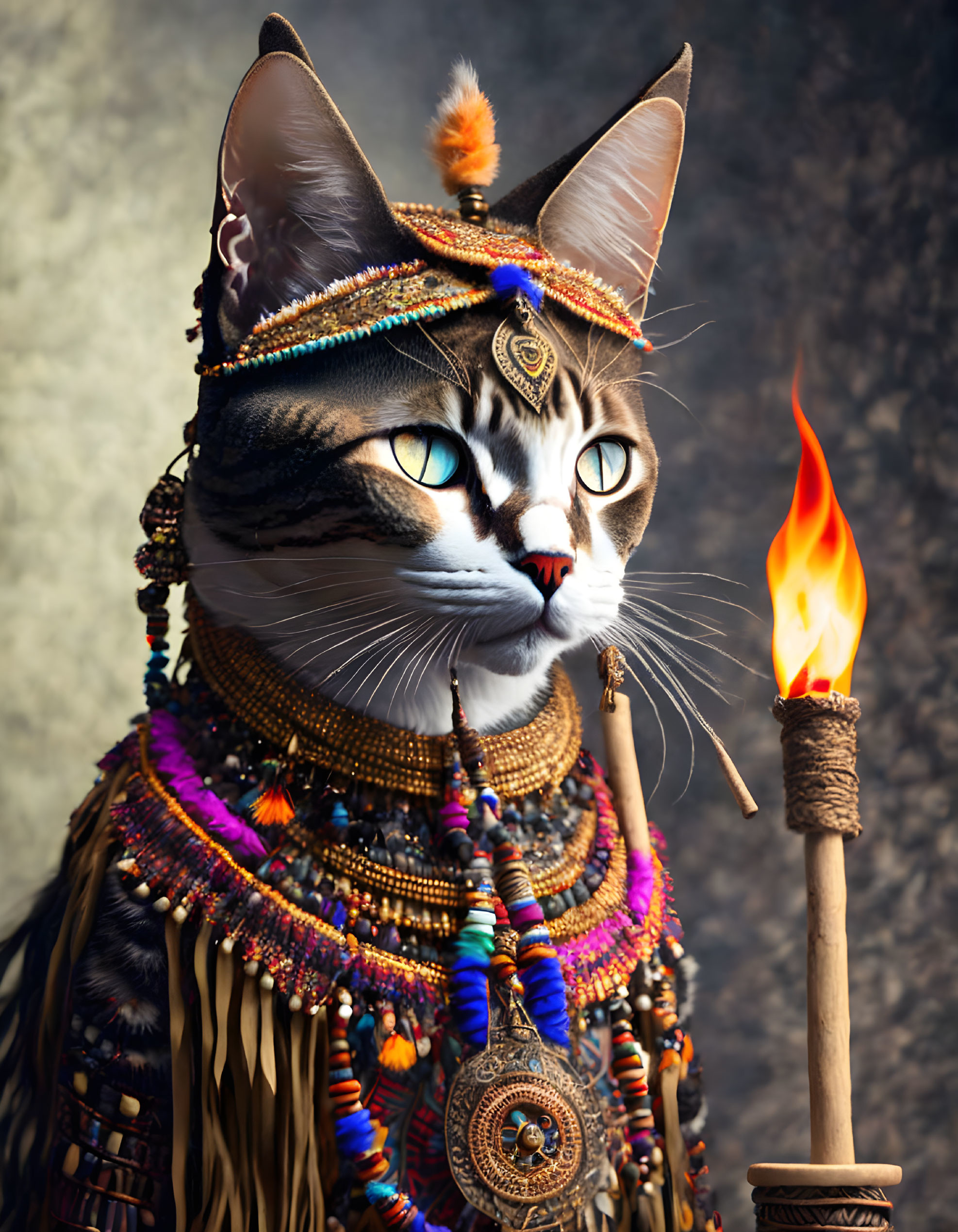 Anthropomorphic Cat in Tribal Attire with Flaming Torch