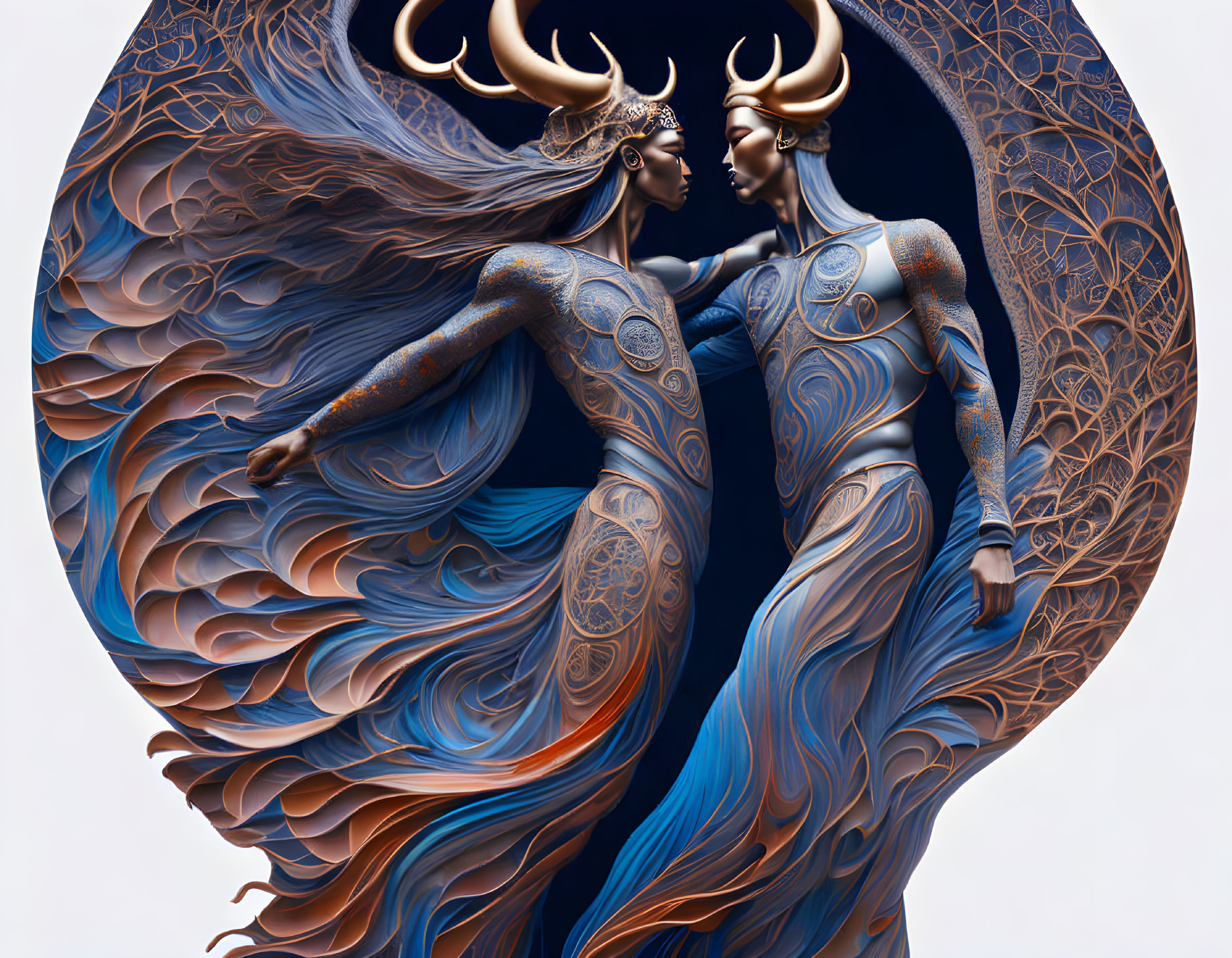 Ornate horned figures in symmetrical embrace on circular background with blue and bronze patterns