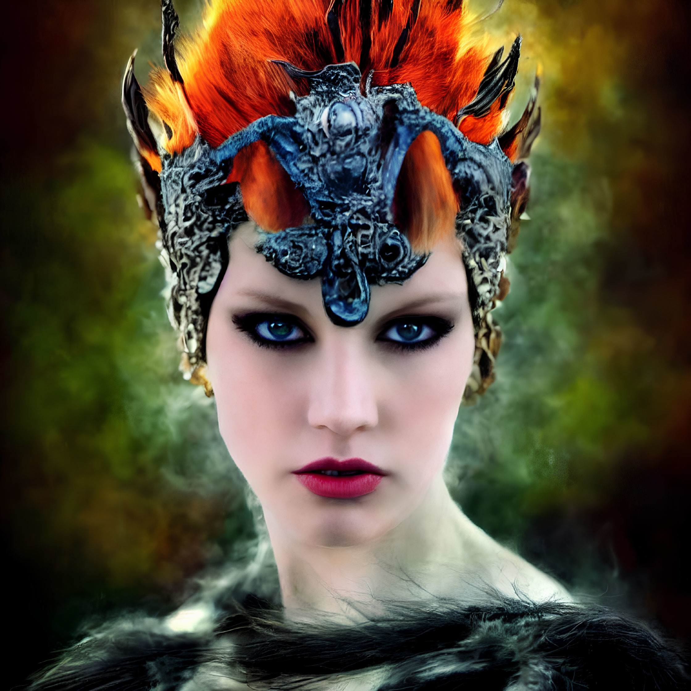 Woman with dramatic makeup and elaborate orange feather headdress on dark background