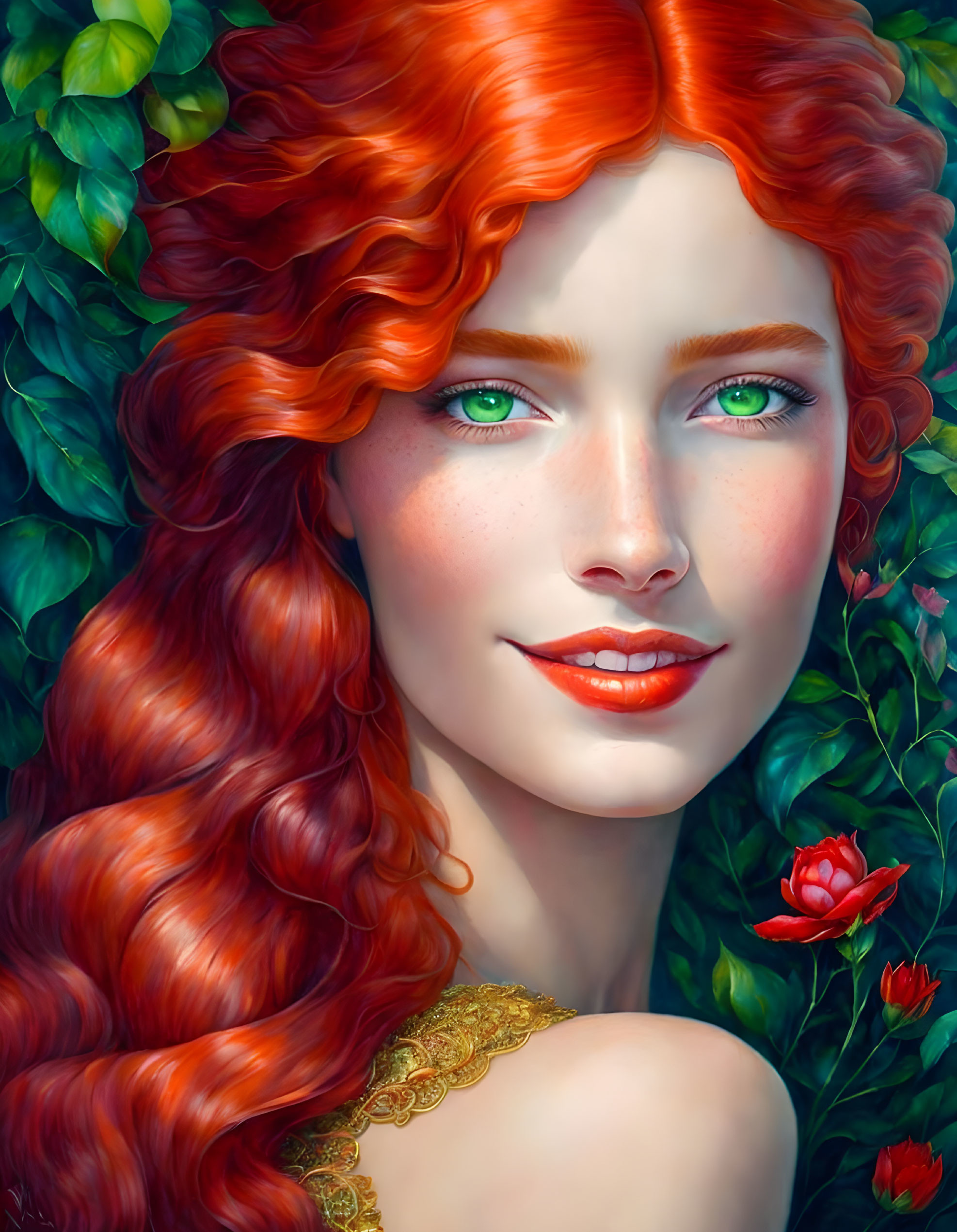 Woman with Red Hair and Green Eyes Smiling in Nature