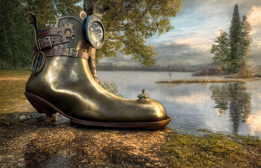 Steampunk-style bronze shoe with clock and gears by tranquil lake