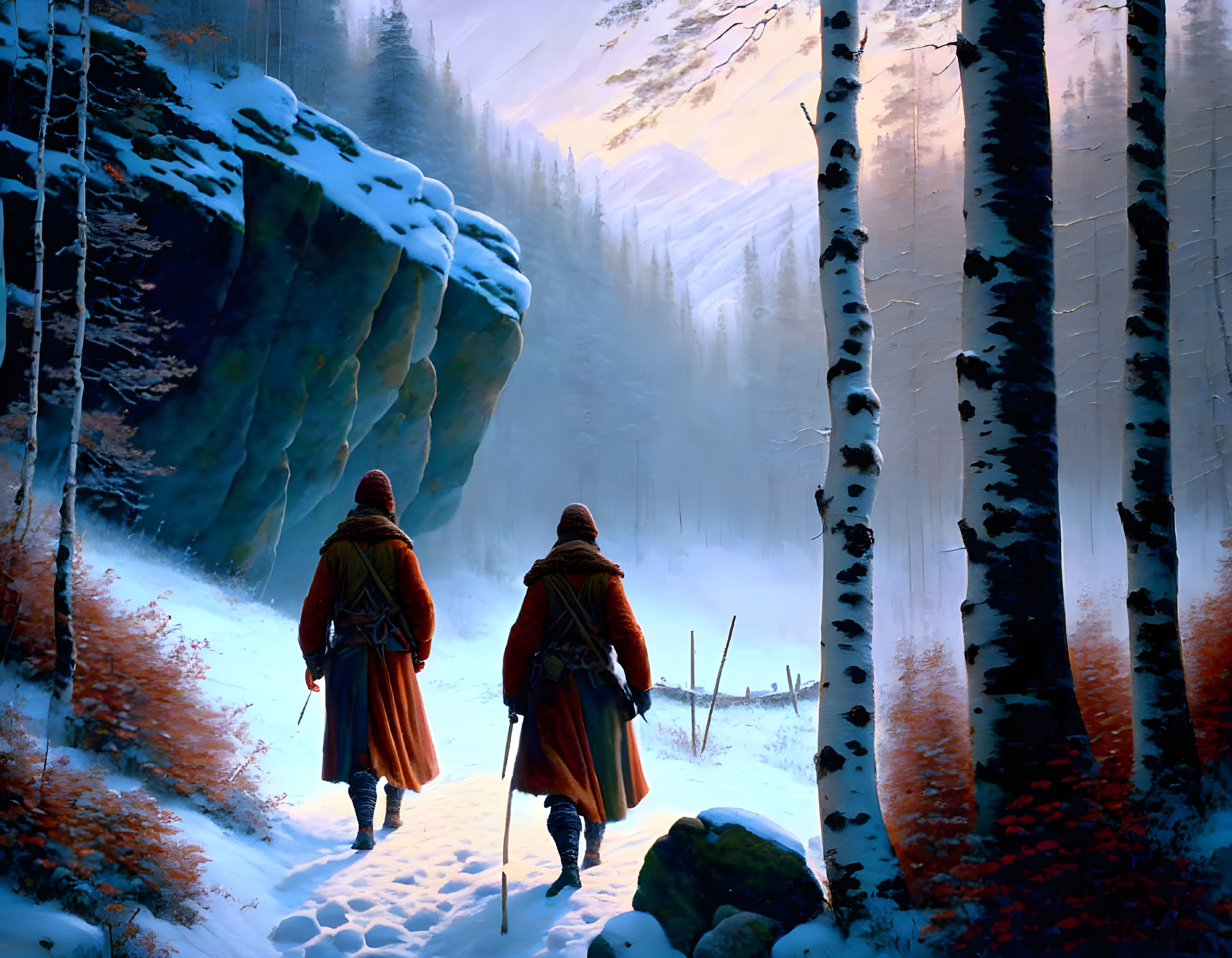 Cloaked figures walking in snow-covered forest with sunlight filtering