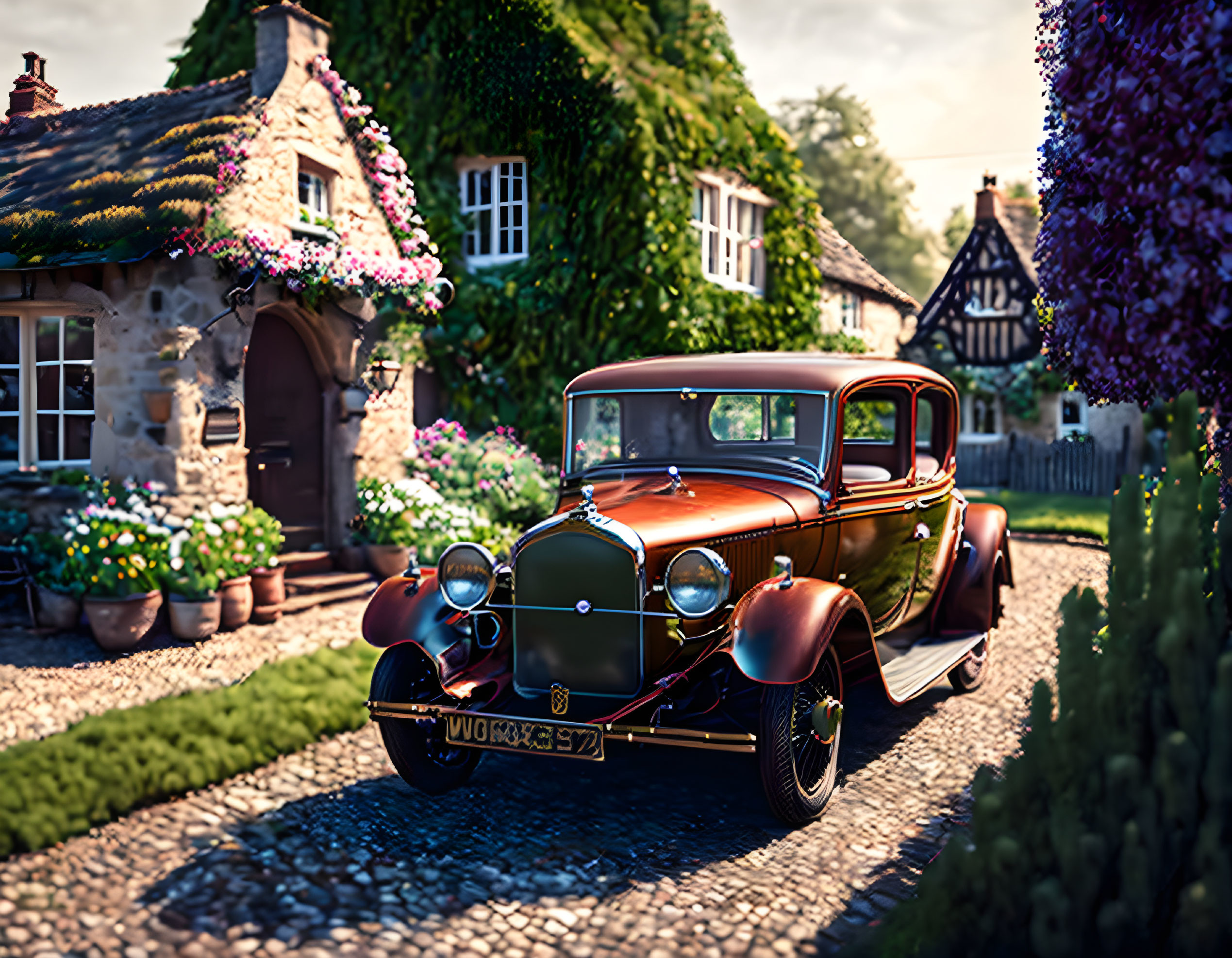 Vintage Car Parked in Front of Stone Cottage with Flowers