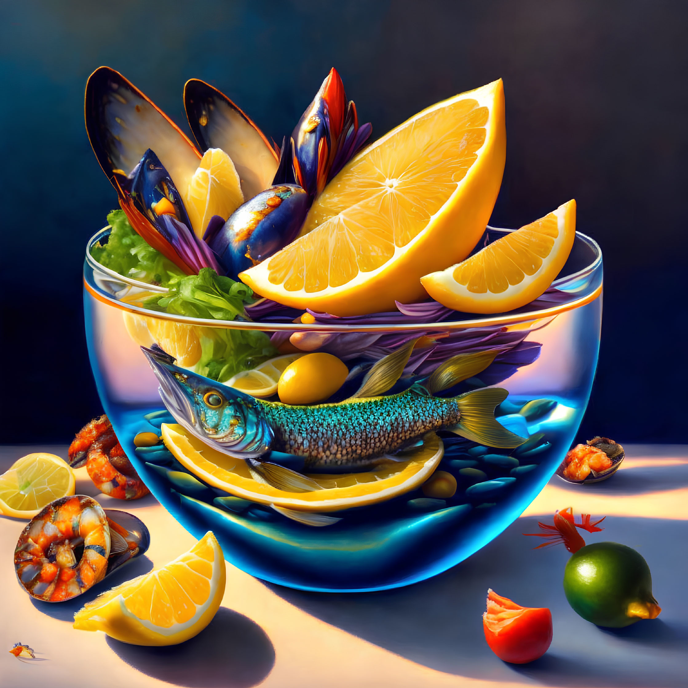 Colorful seafood still life with lemons, olives, shrimp, and spices