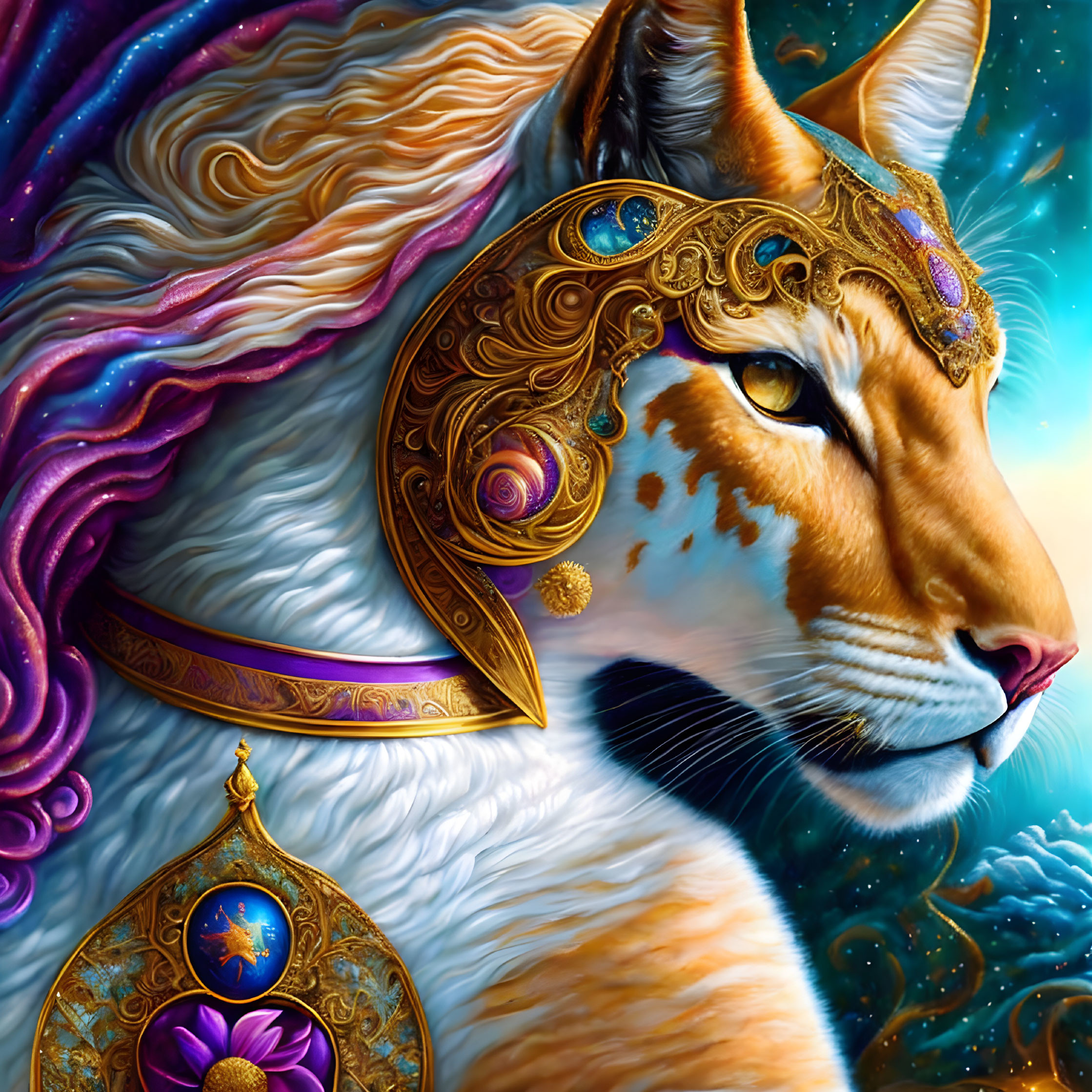 Majestic fantasy cat in golden armor on cosmic background