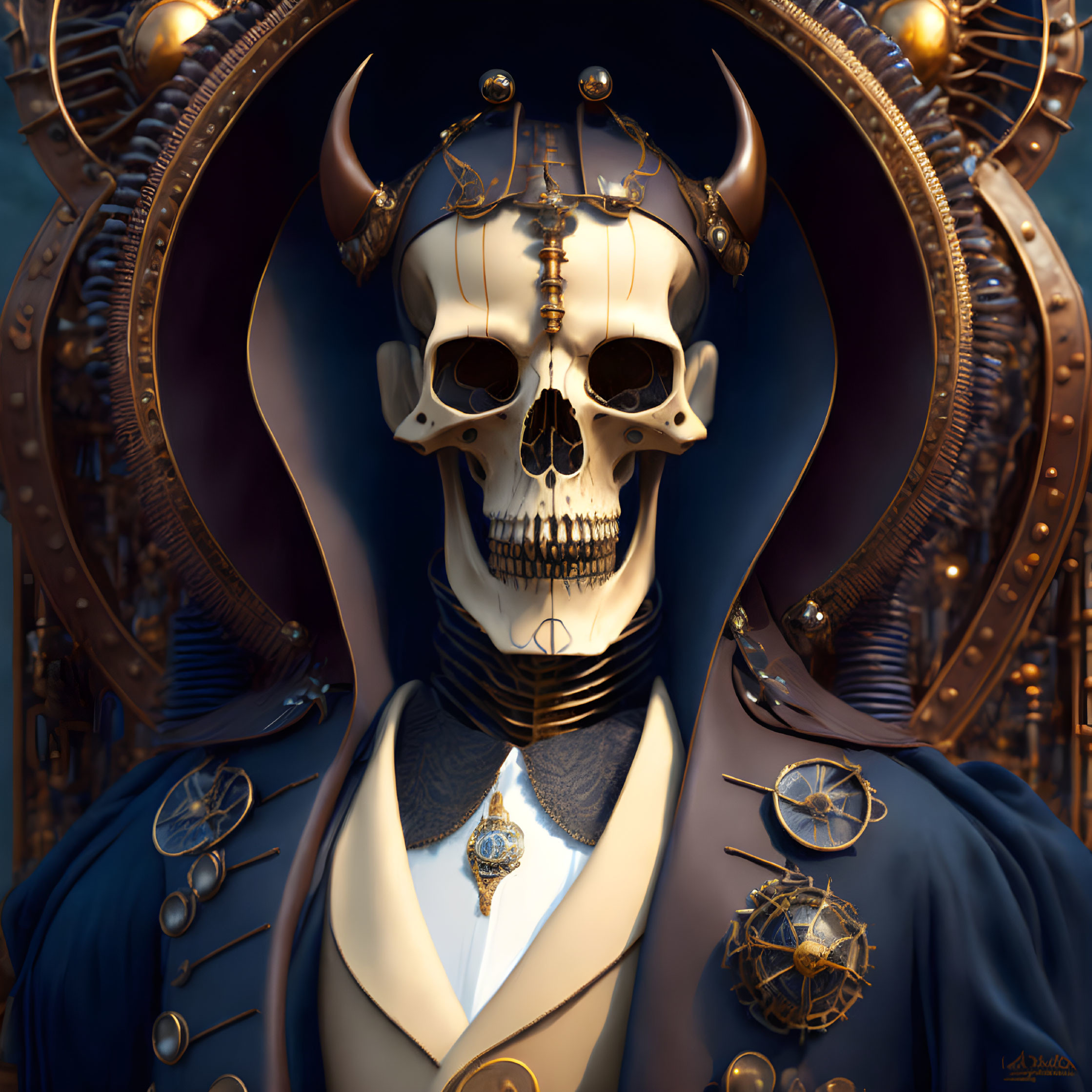 Detailed Digital Portrait of Skeletal Figure in Blue Coat with Horns and Occult Medallions Amid