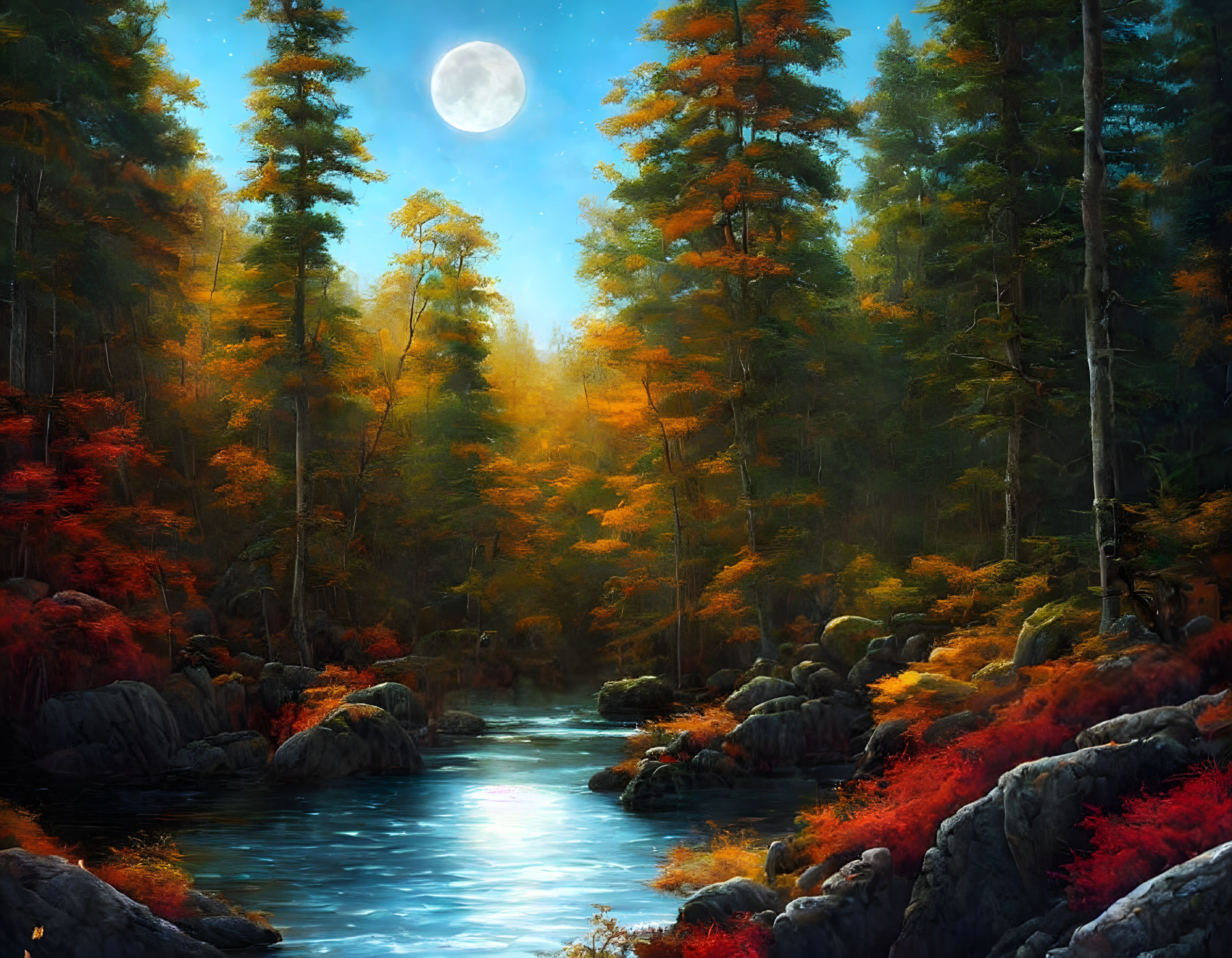 Tranquil autumn forest with river under moonlit sky