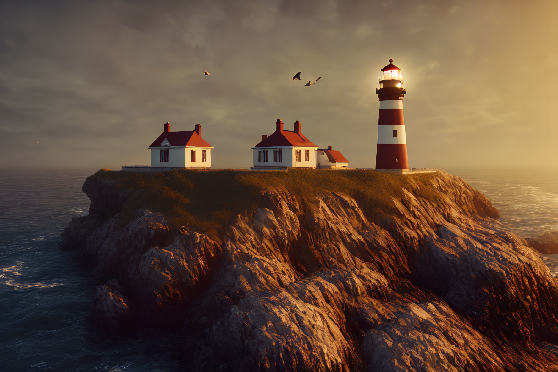 Lighthouse on rugged cliff at dusk with two houses and birds in golden sky