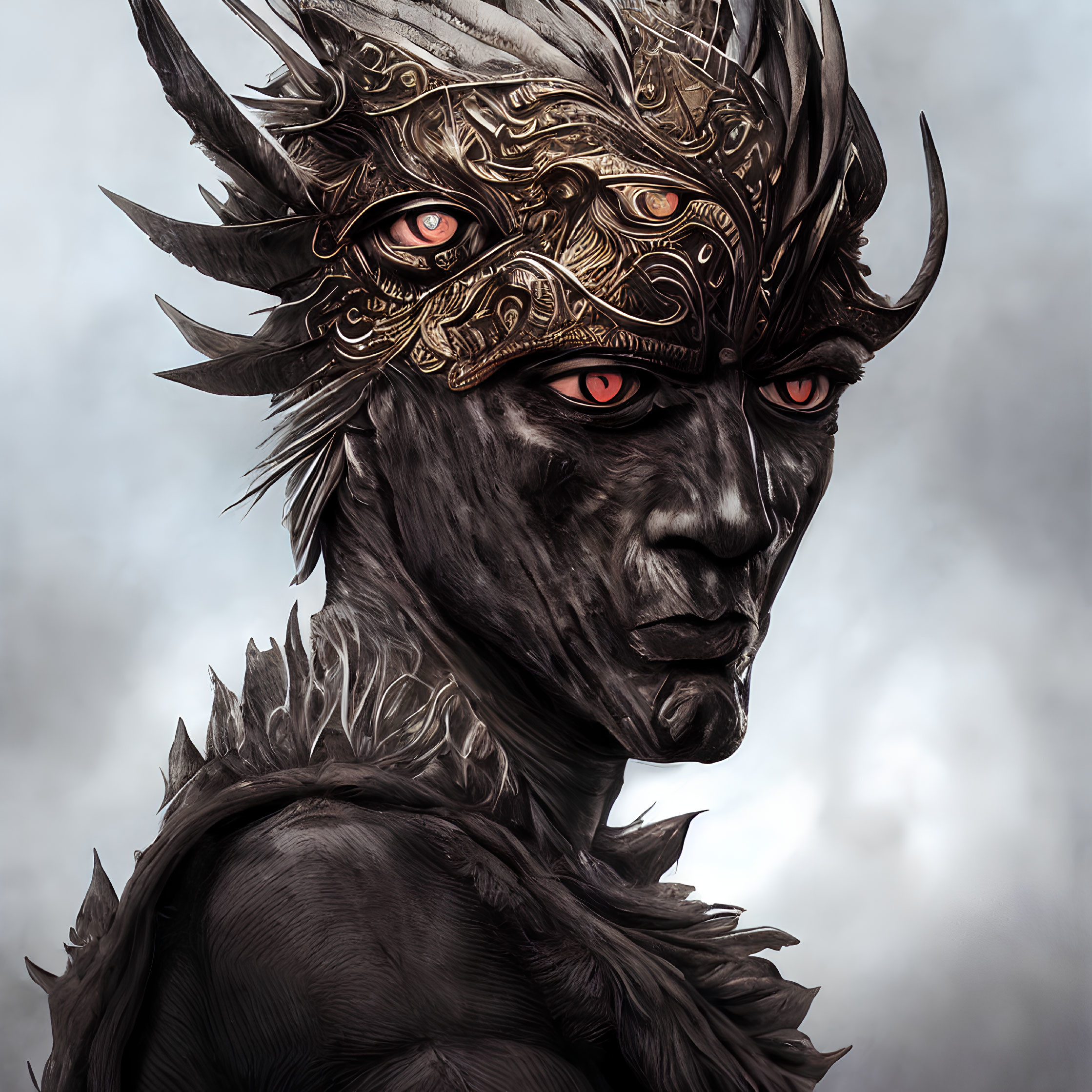 Digital painting: Creature with red eyes in golden horned mask against cloudy sky