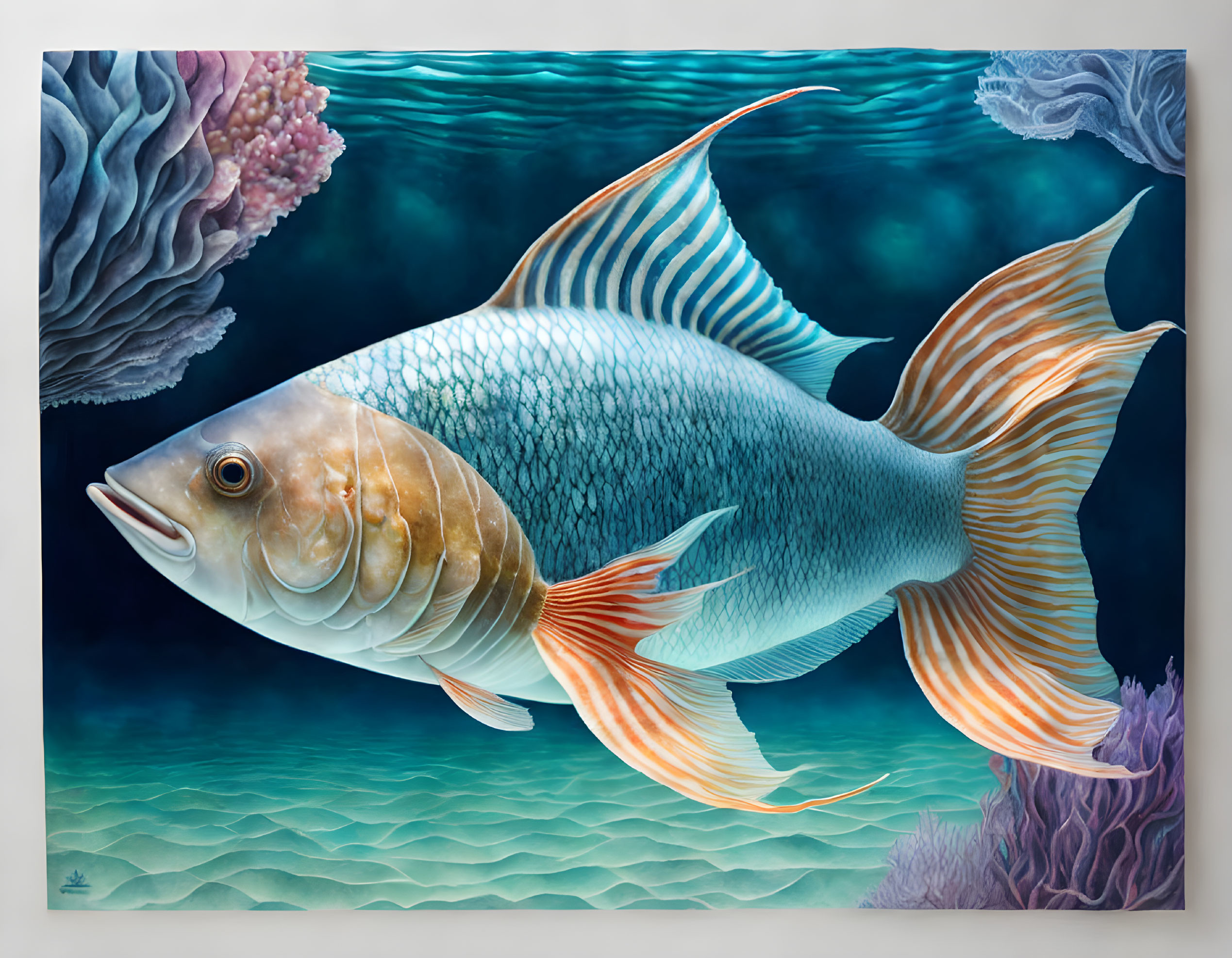 Colorful Fish Painting with Detailed Scales and Coral Reef Background