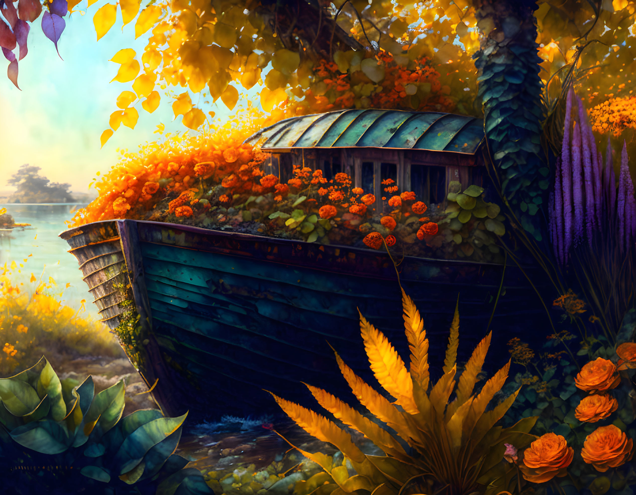 Abandoned boat covered in orange flowers and greenery in lakeside garden at sunset