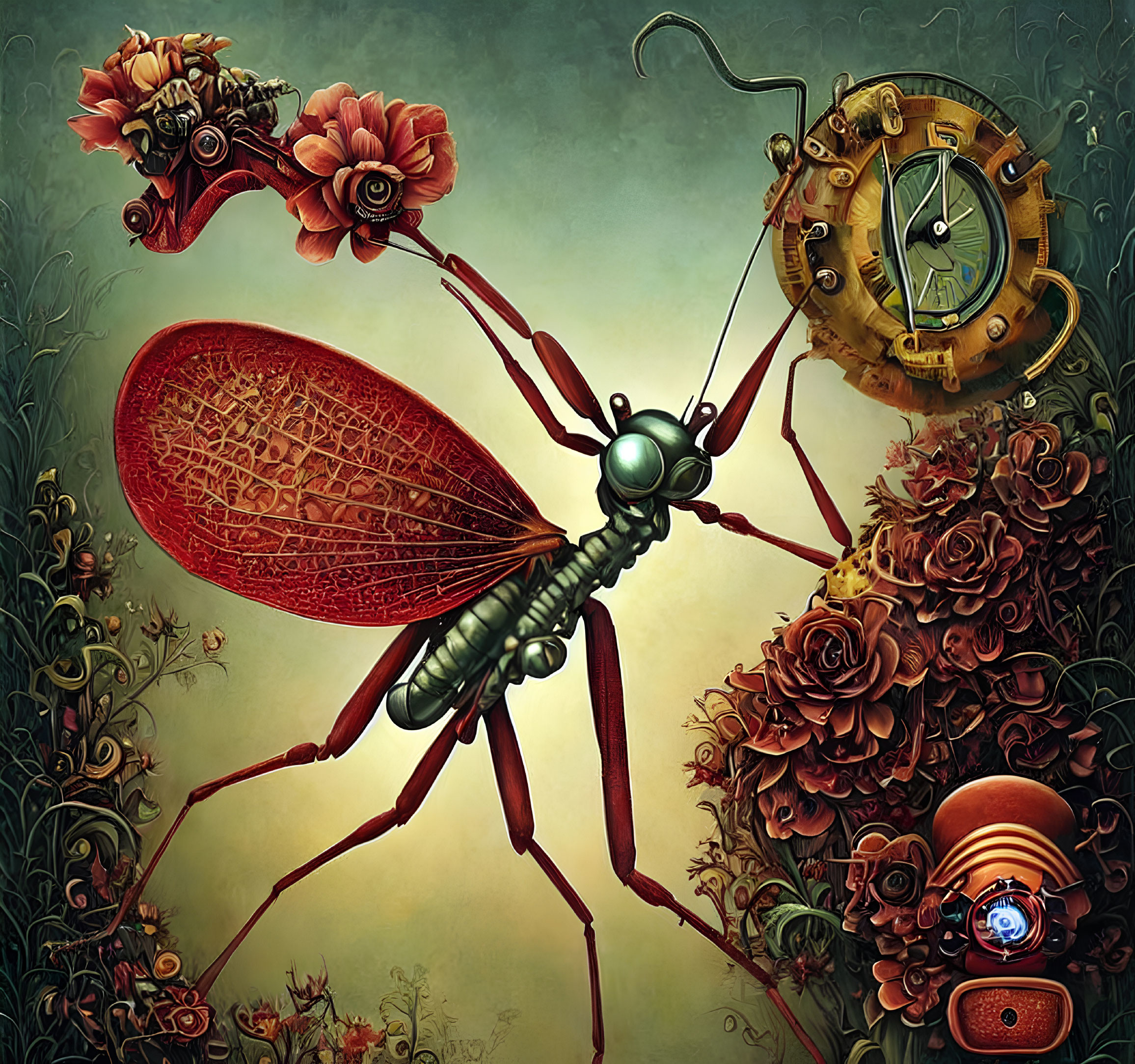 Steampunk-style illustration featuring mechanical ant, gears, flowers, and robotic snail.