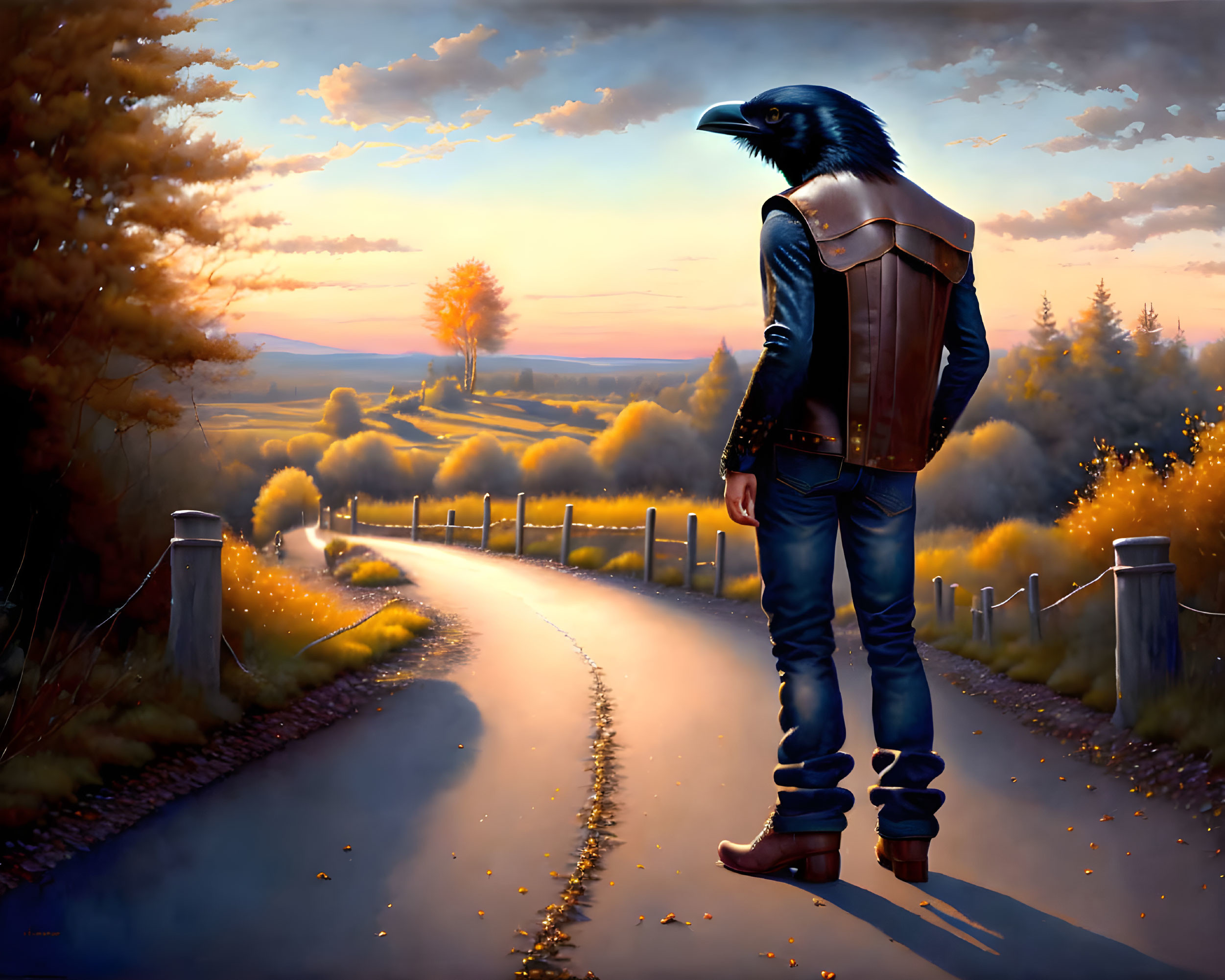 Anthropomorphic raven in jeans and leather vest on country road at sunset