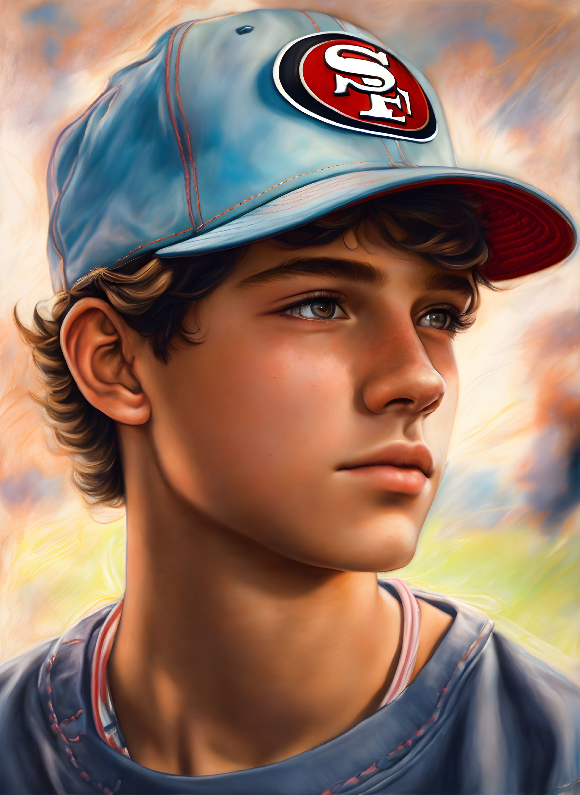 Young person in baseball cap with logo, side glance, detailed lighting & soft-focus background