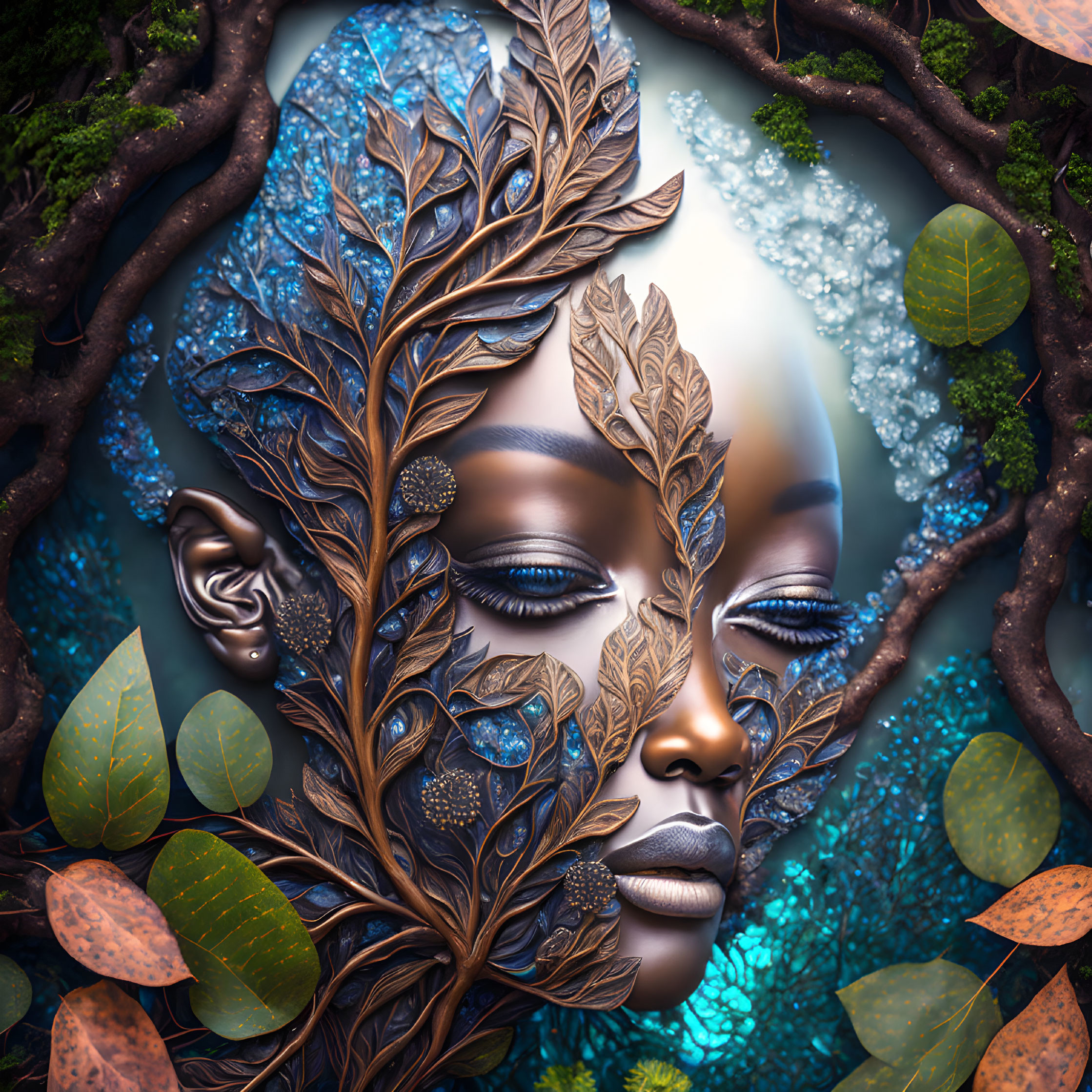 Digital artwork: Woman's face blended with leaf patterns in tree branch frame, teal backdrop